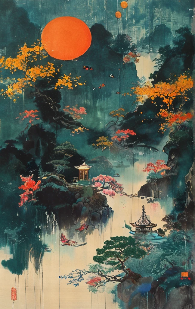 [Subject matter] in a style that embodies a harmonious blend of traditional and fantastical elements, reminiscent of the opulent intricacy seen in Eastern art. The style resonates with a lush, almost dreamlike quality, akin to a visual symphony where each element plays a distinct yet harmonious part. The medium is a delicate precision of ink and the vivid saturation of acrylics evocative of the meticulous craftsmanship, combined with a surreal atmospheres of Japanese animated landscapes. It echoes the ornamental complexity of the Art Nouveau movement, yet with a modern twist that infuses traditional motifs with a sense of wonder and otherworldliness. Each detail is rendered with such care that the overall composition feels both timeless and fantastical, like a tapestry woven through the threads of ancient legends and contemporary imagination. In the style of Japanese folklore, full scene view from above, wide angle
