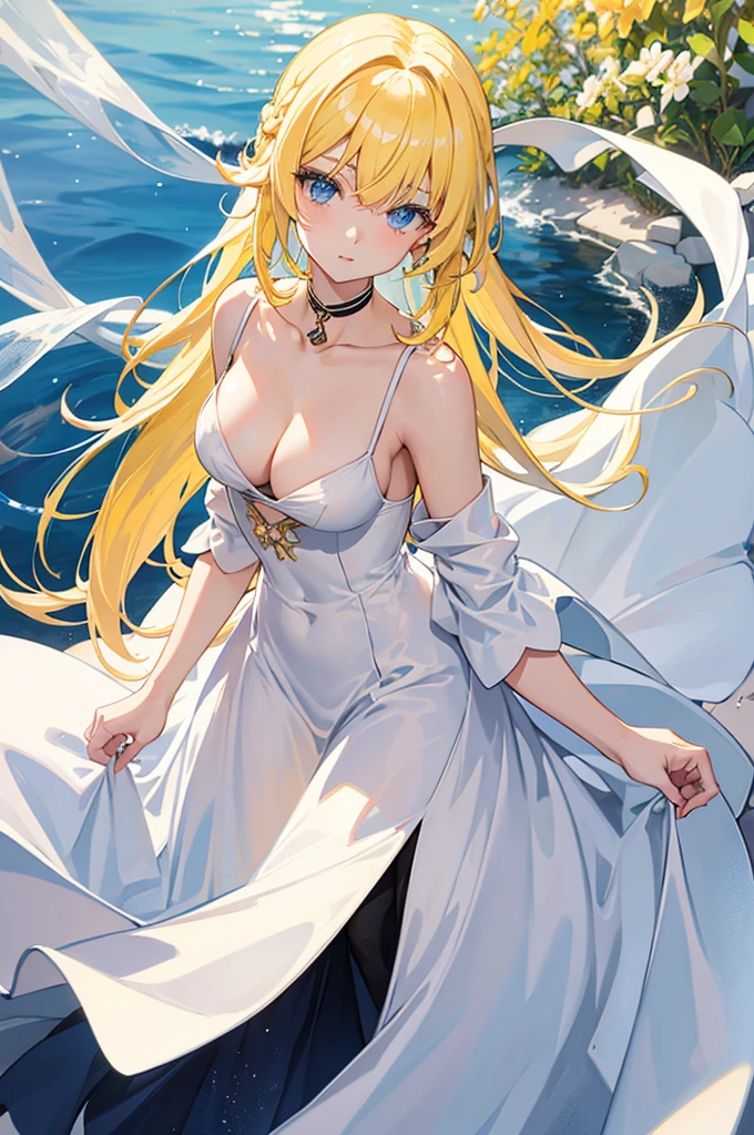 yellow hair, Blue Eyes, long hair, Adult Female , white dress, D cup