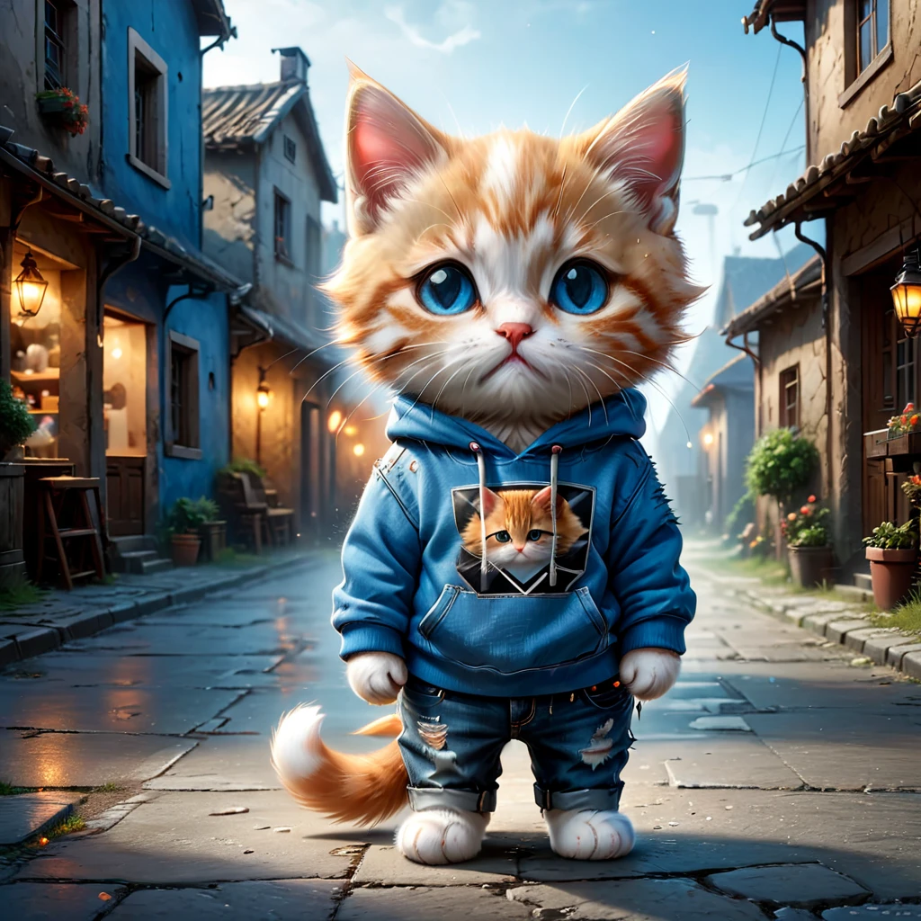 Best Quality, detailed, hyper detailed, beautiful, 8k, absurdities, village, a kitten, sad, standing, mirando On the right, by white, Blue eyes, Chibi, chubby, very torn sweatshirt, old jeans, 5 years old, on the street, In the afternoon, Fancy, photorealistic, ultra realistic photo, 3D rendering, anthropomorphism, full body shot, On the right, wide view, rule of thirds, average, bright lights, dramatic lighting, volumetric lighting, dramatic contrast, darkgoldrod