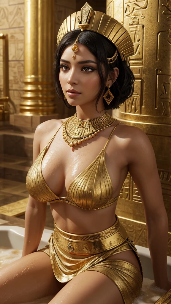 Create a hyper-realistic image of Cleopatra, the famous queen of ancient Egypt. She should be depicted with her iconic look: wearing a gold and jewel-encrusted headdress, and adorned with traditional Egyptian jewelry. Her attire should include a flowing white linen dress with gold accents. She has almond-shaped eyes highlighted with dramatic black eyeliner extending towards her temples, and her hair should be styled in a short, curly bob. Show her bathing in a luxurious bath filled with honey and milk. Surround her with symbols of Egyptian royalty, such as hieroglyphics, a scepter, and a throne. The background should feature elements of ancient Egyptian architecture, such as pyramids or columns. Ensure the image is highly detailed and photorealistic, capturing her regal and enigmatic beauty.
