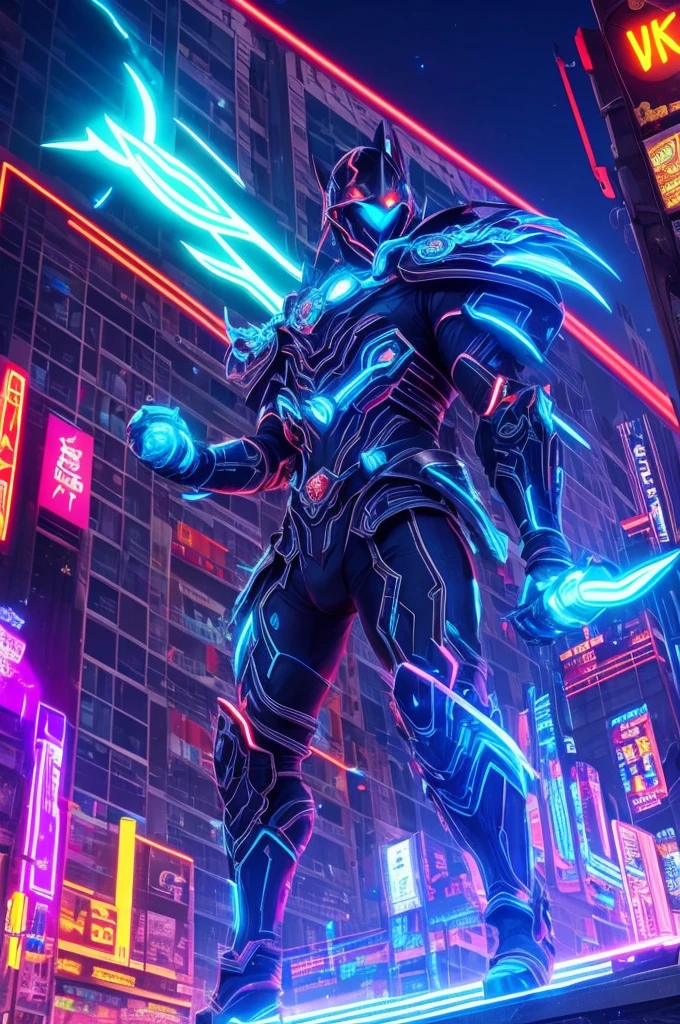 A mythical urso ninja stands poised in a neon-lit, dystopian metropolis, rendered in stunning 4K resolution, blending ancient legend with futuristic cyberpunk flair. The ninja's ornate, high-tech armor glows with a mesmerizing iridescent sheen, as intricate circuitry and glowing accents dance across the metallic surface. The dragon's scales shimmer in hues of indigo, violet, and electric blue, while neon accents pulse in fiery oranges and greens, casting an otherworldly glow across the surrounding urban landscape, exuding a sense of cutting-edge, cinematic grandeur.