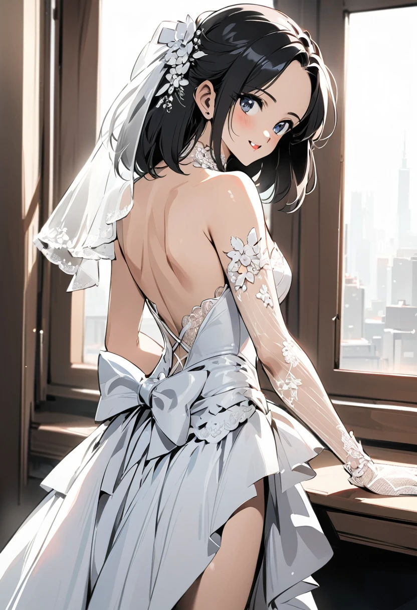 ((Top quality, masterpiece, freak, super resolution)), 1 girl, Japanese model,,Smooth black hair,Short bomb hair,((Long transparent lace gloves)),An elegant high-low wedding gown with a strapless sweetheart neckline, featuring a fitted bodice embellished with detailed lace appliqués and subtle beadwork. The bodice is adorned with floral patterns, providing a delicate and romantic look. The skirt is crafted from layers of tulle in a high-low design, which adds volume and movement to the dress. The front of the skirt is designed to show off the bride's legs, while the back extends into a beautiful train. A ribbon sash at the waist highlights the bride's silhouette, making this dress ideal for a bride who desires a mix of traditional elegance and modern flair.
