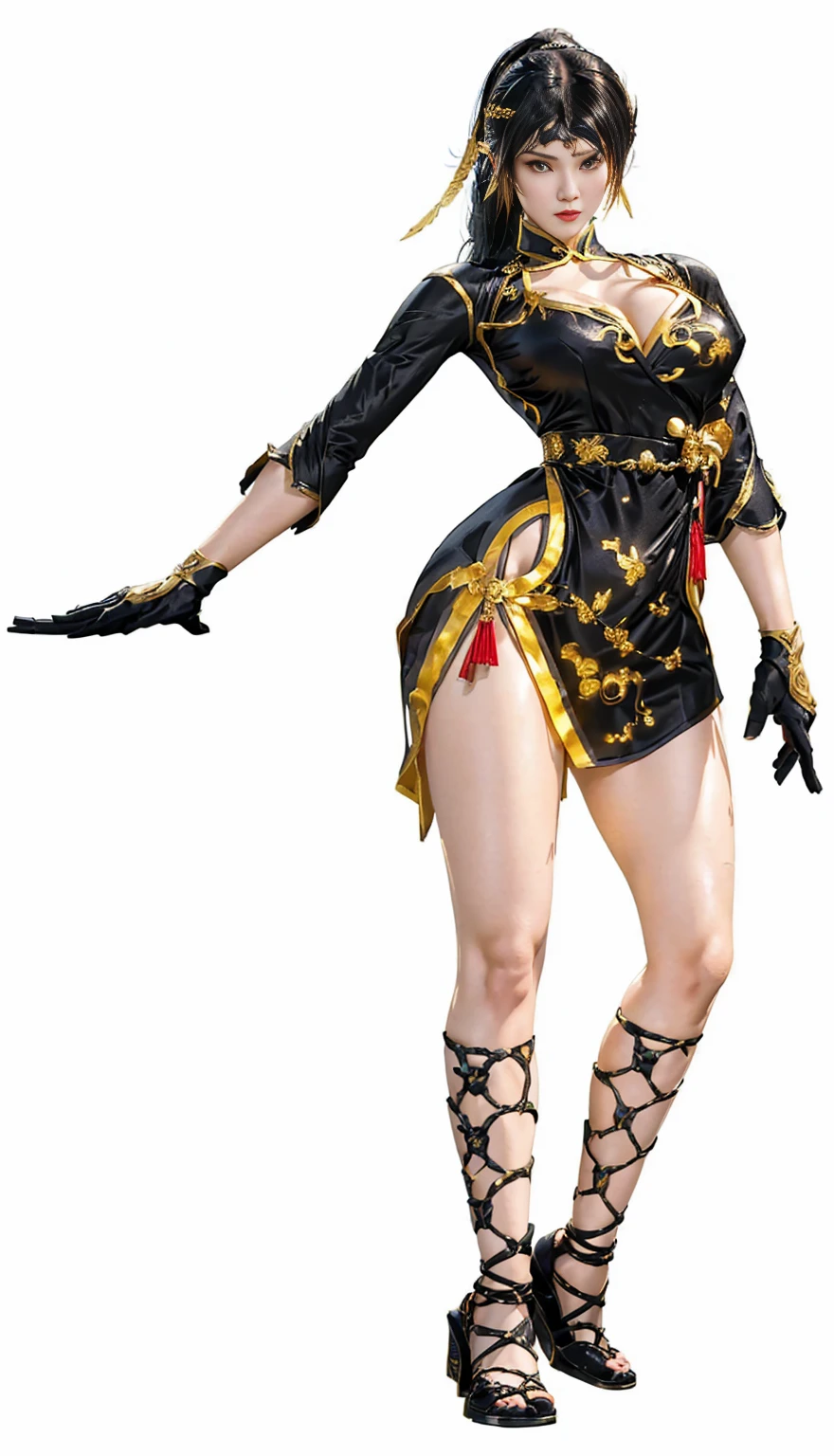 A woman in black, Full body fairy, chun li, Chun-Li, chun - li, Inspired by Pu Hua, Dead or Alive 6, Bayonetta, As a character in Tekken, Inspired by Yang Jin, Fighting Game Characters, Meinoichi, Gold plated black, Moon Themed Clothing