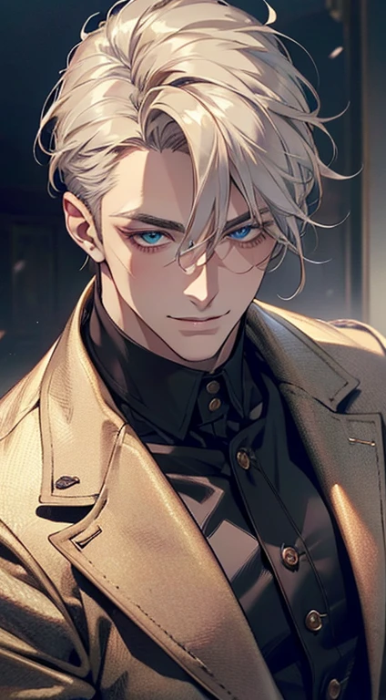 a mature man, very handsome, short grey golden hair, blue eyes, perfect detailed facial features, buttoning his jacket, CEO, smile in love, (best quality, masterpiece, 8K, photorealistic, cinematic lighting, 1:4 hdr image, top view, ultra detailed, beautiful image)