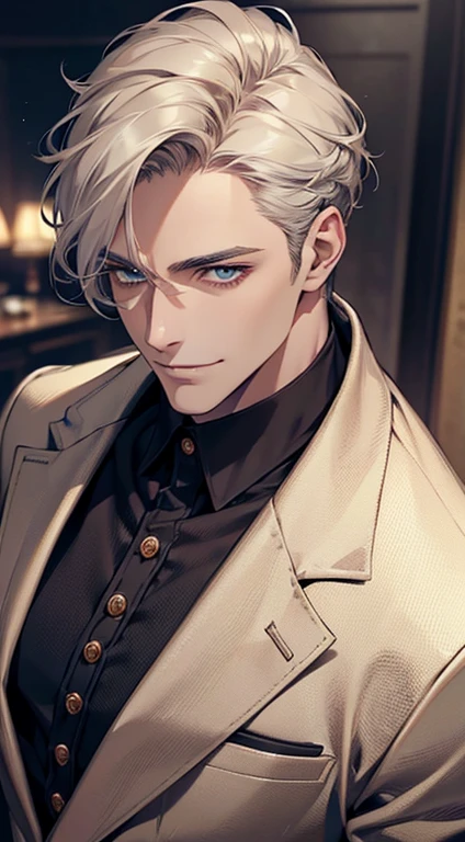 a mature man, very handsome, short grey golden hair, blue eyes, perfect detailed facial features, buttoning his jacket, CEO, smile in love, (best quality, masterpiece, 8K, photorealistic, cinematic lighting, 1:4 hdr image, top view, ultra detailed, beautiful image)