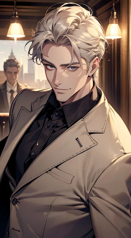 a mature man, very handsome, short grey golden hair, blue eyes, perfect detailed facial features, buttoning his jacket, CEO, smile in love, (best quality, masterpiece, 8K, photorealistic, cinematic lighting, 1:4 hdr image, top view, ultra detailed, beautiful image)