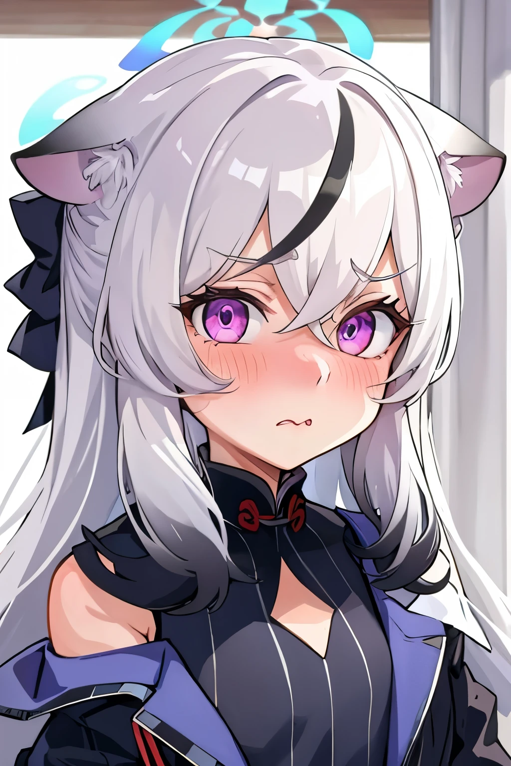 1girl, kokona, indoors, purple eyes, white hair, :3 mouth, embarrassed, beautiful eyes, beautiful lips, shiny lips, extremely detailed eyes and face, long eyelashes, close-up, warm lighting, vibrant colors, looking at the viewer, embarrassed look, blush, Winter suit, winter wonder