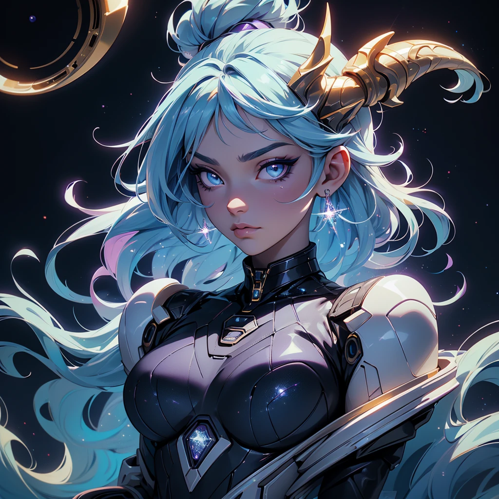 A space dragon sitting at the edge of the universe, lonely, sad, void, stars, the stars mixed in the sea, a sea of stars, ethereal woman, Blue and purple hair , space buns, space outfit, white black and gold outfit, golden dragon horns and tail, space outfit, space suit, mass effect suit, perfectly drawn face, black dress, stars detailed background, prismatic lighting, glitter, whole body, walking on the stars with crystal shoes A beautiful dragon humanoid woman with space hair of variant shades of blue and purple with space buns in hair , Golden scanes on the face and shoulders, Anime, 4k, Beautiful woman with a golden dragon tail and horns, Space hair, Floating in space, Vintage space Attire, floating through space, dancing, havign fun, Space Witch, Witch, Older woman, Toned physique,
