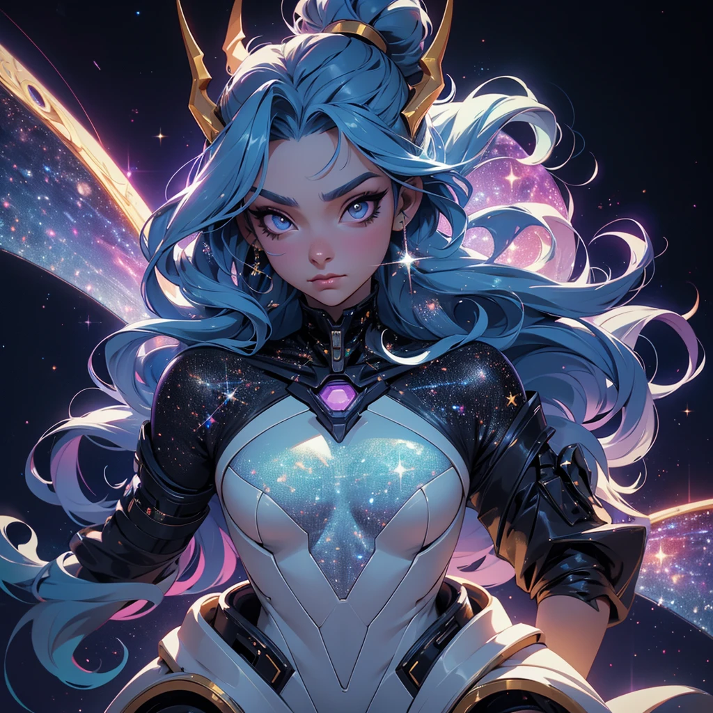 A space dragon sitting at the edge of the universe, lonely, sad, void, stars, the stars mixed in the sea, a sea of stars, ethereal woman, Blue and purple hair , space buns, space outfit, white black and gold outfit, golden dragon horns and tail, space outfit, space suit, mass effect suit, perfectly drawn face, black dress, stars detailed background, prismatic lighting, glitter, whole body, walking on the stars with crystal shoes A beautiful dragon humanoid woman with space hair of variant shades of blue and purple with space buns in hair , Golden scanes on the face and shoulders, Anime, 4k, Beautiful woman with a golden dragon tail and horns, Space hair, Floating in space, Vintage space Attire, floating through space, dancing, havign fun, Space Witch, Witch, Older woman, Toned physique,

