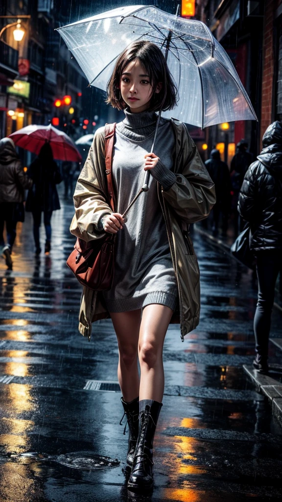 a girl holding an umbrella walking home in the rain, puddles, frogs and snails, detailed portrait, intricate clothing folds, glowing soft lighting, warm autumn colors, cinematic composition, digital painting, highly detailed, masterpiece