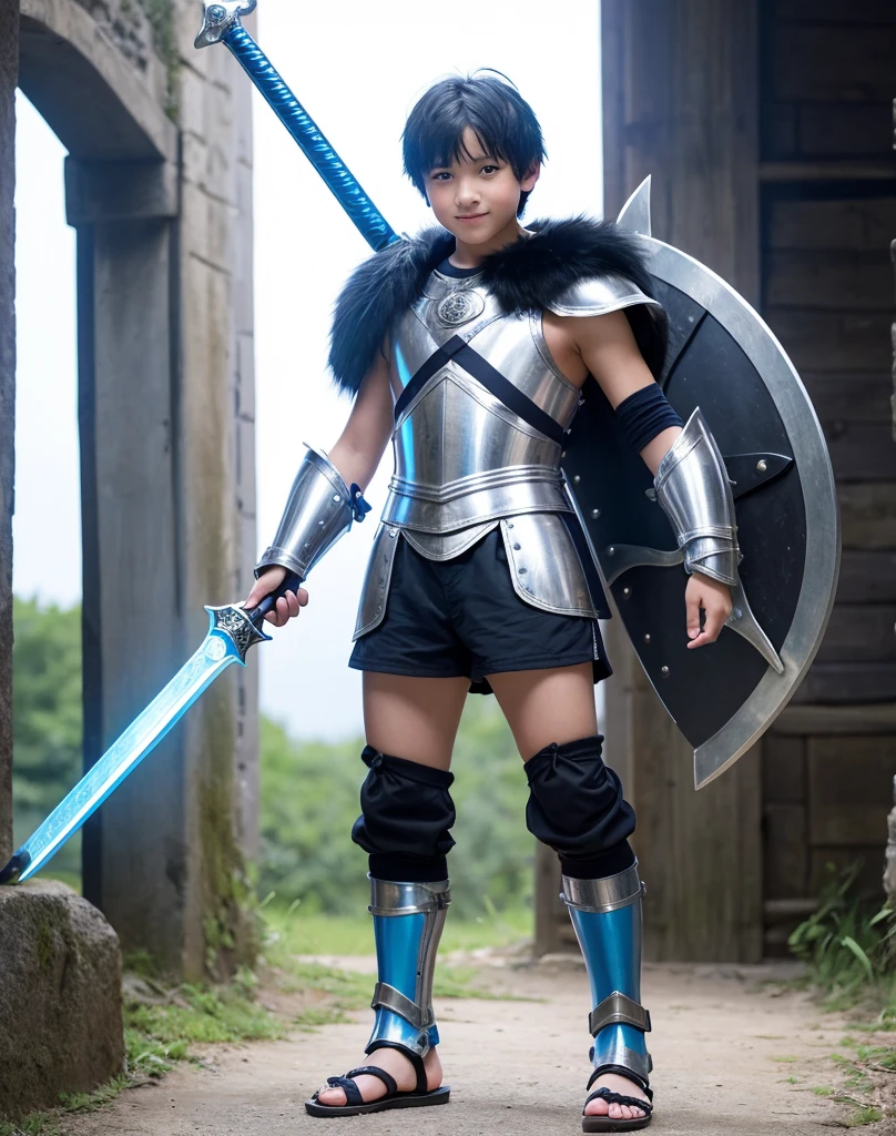 Young 13-year-old boy with black hair and brown eyes, innocent and happy, dressed in short neon-blue medieval barbarian clothes, fur shorts, light-blue battle armor, weilding silver sword and shield, sandals; fullbody; short hair, boyish athletic, sexy,