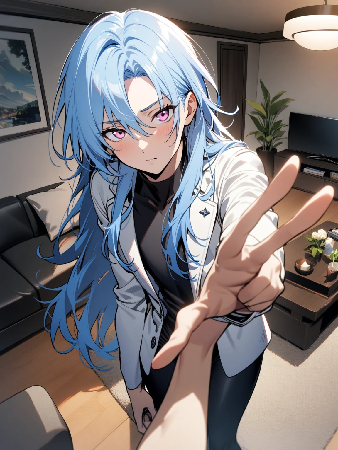 1boy, mature male, light blue hair, long hair, pink eyes, androgynous, black unitard, white jacket, indoors, living room, standing, right hand raised, pov