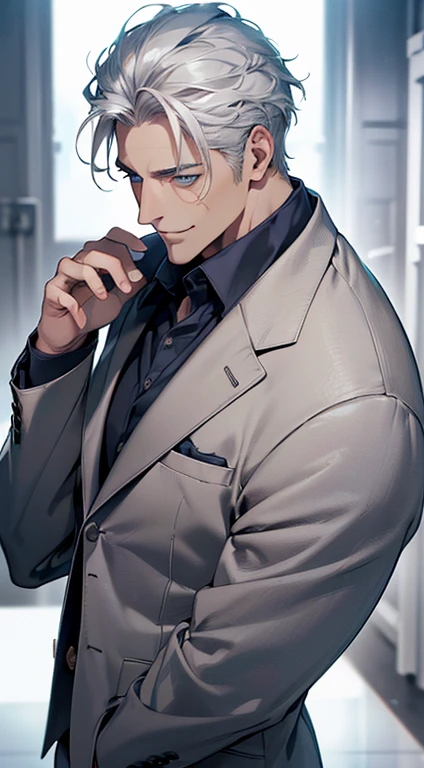 (best quality,8k,photorealistic,cinematic lighting,1:4 hdr image,top view,ultra detailed,beautiful image),(man:1.2),(mature man:1.2),(handsome:1.3),(short grey white hair:1.1),(blue eyes:1.1),(perfect face:1.2),(buttoning his jacket:1.1),(CEO:1.1),(smile in love)