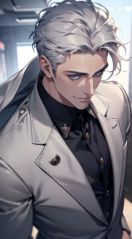 (best quality,8k,photorealistic,cinematic lighting,1:4 hdr image,top view,ultra detailed,beautiful image),(man:1.2),(mature man:1.2),(handsome:1.3),(short grey white hair:1.1),(blue eyes:1.1),(perfect face:1.2),(buttoning his jacket:1.1),(CEO:1.1),(smile in love)