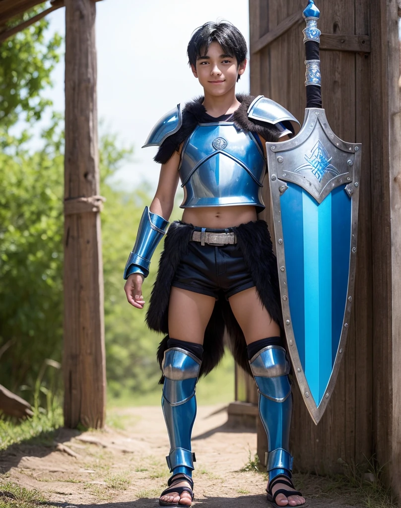 Young 13-year-old boy with black hair and brown eyes, innocent and happy, dressed in short neon-blue medieval barbarian clothes, fur shorts, light-blue battle armor, weilding silver sword and shield, sandals; fullbody; short hair, boyish athletic, sexy,