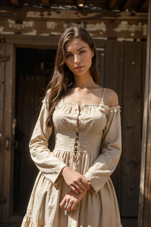 beautiful, slender, female physician in an old-west town, wearing an old-west style dress, dainty hands