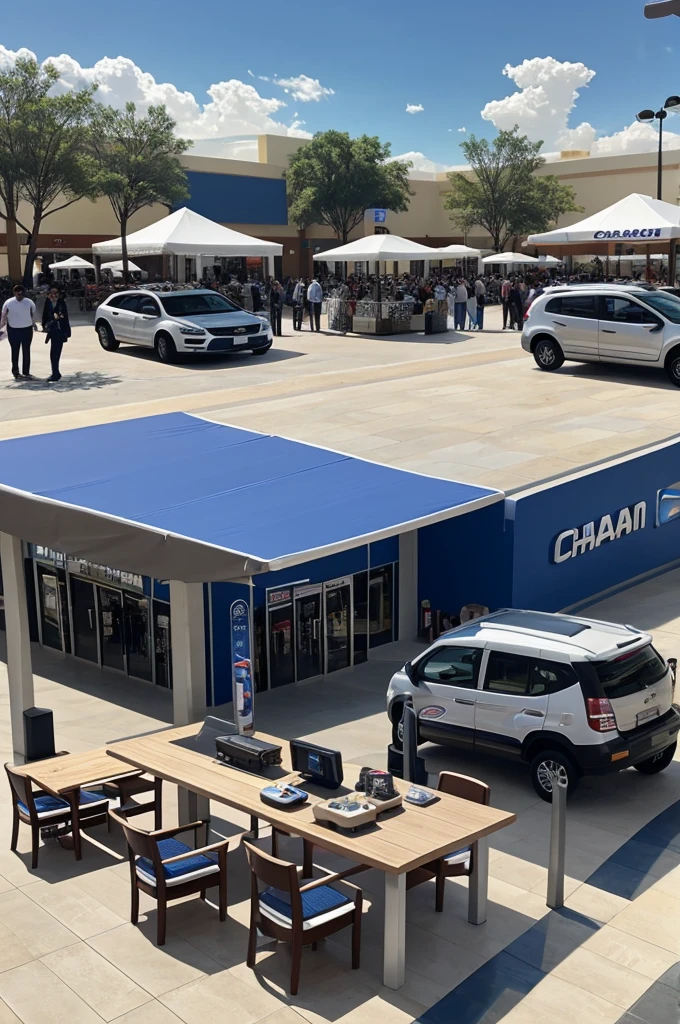 Event in the Plaza Norte shopping center about a car brand that is Changan with promoters and tables for data collection as well as a TV with its advertising
