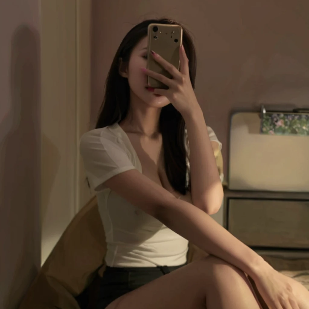 masterpiece, best quality, {best quality}, {{masterpiece}}, {High resolution}, focus, Selfie photo of an Asian woman, Sexy Asian girl taking selfie in mirror using mobile phone, The mobile phone blocks most of the faces， long hair, black hair, heterochromatic eyes, Confident and attractive appearance, True skin color, Perfect body shape, Slender and perfect female fingers，  