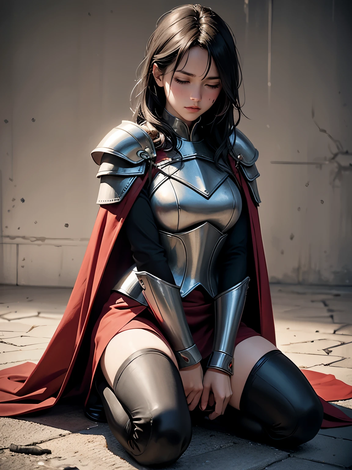 Reality, high resolution, Soft lighting, 1 Woman, Solitary, Kneeling on the ground,With eyes closed,There is a rope tied to the body,Painful expression, Wearing tattered armor,Tattered red cloak,Expose most of the body,Show your thighs,Revealing the Broken Breastplate,Stain,Blood,Messy hair