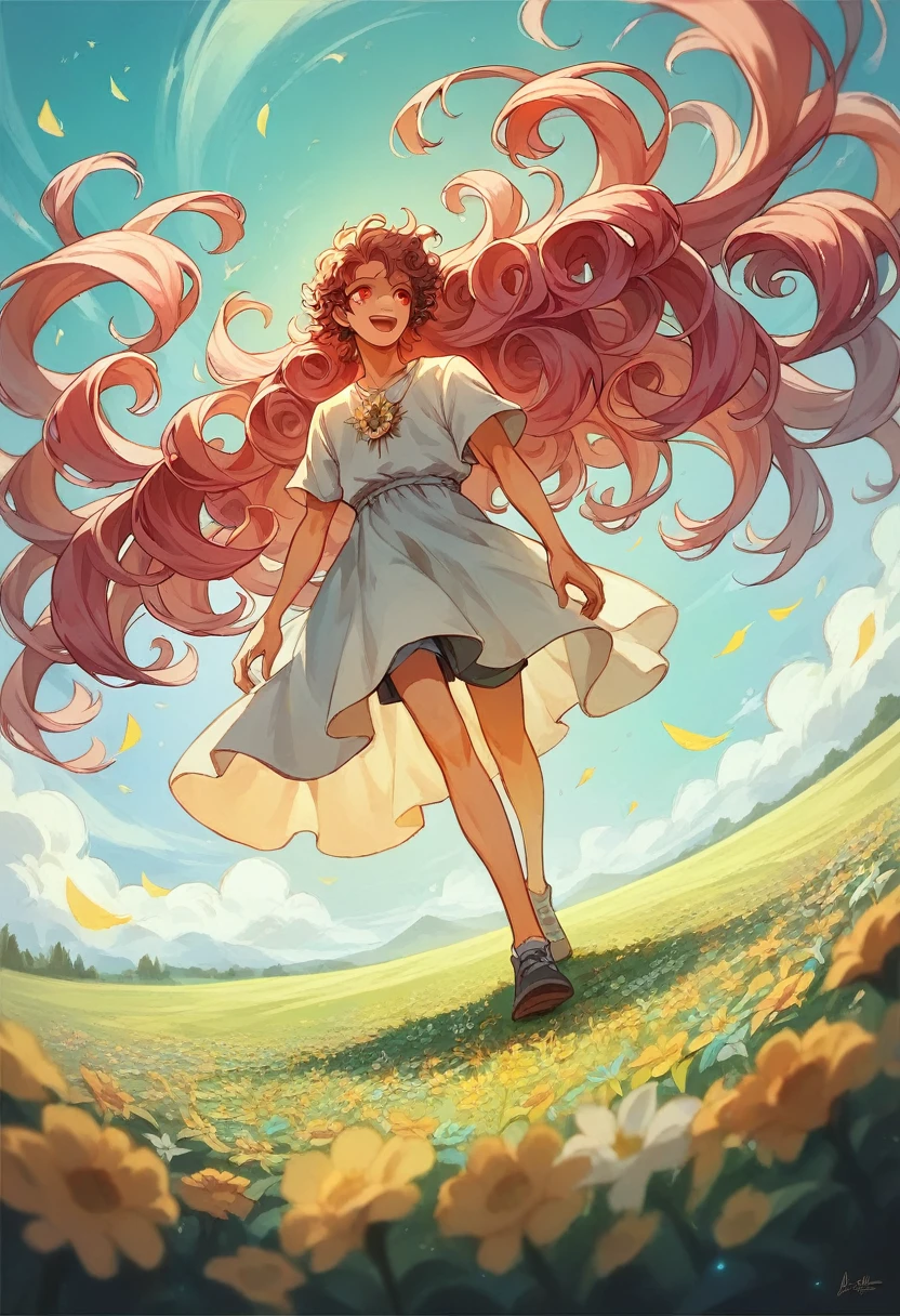 (couple), girl and boy, walking in a flower field, rich in detail, competitive, happy expression, love, wide angle, 1girl, (((masterpiece, best quality, aesthetic, heavenly))), ((girl with red eyes, vibrant pink long hair)), ((intimate)), 1boy, ((boy with green eyes, short black curly hair))