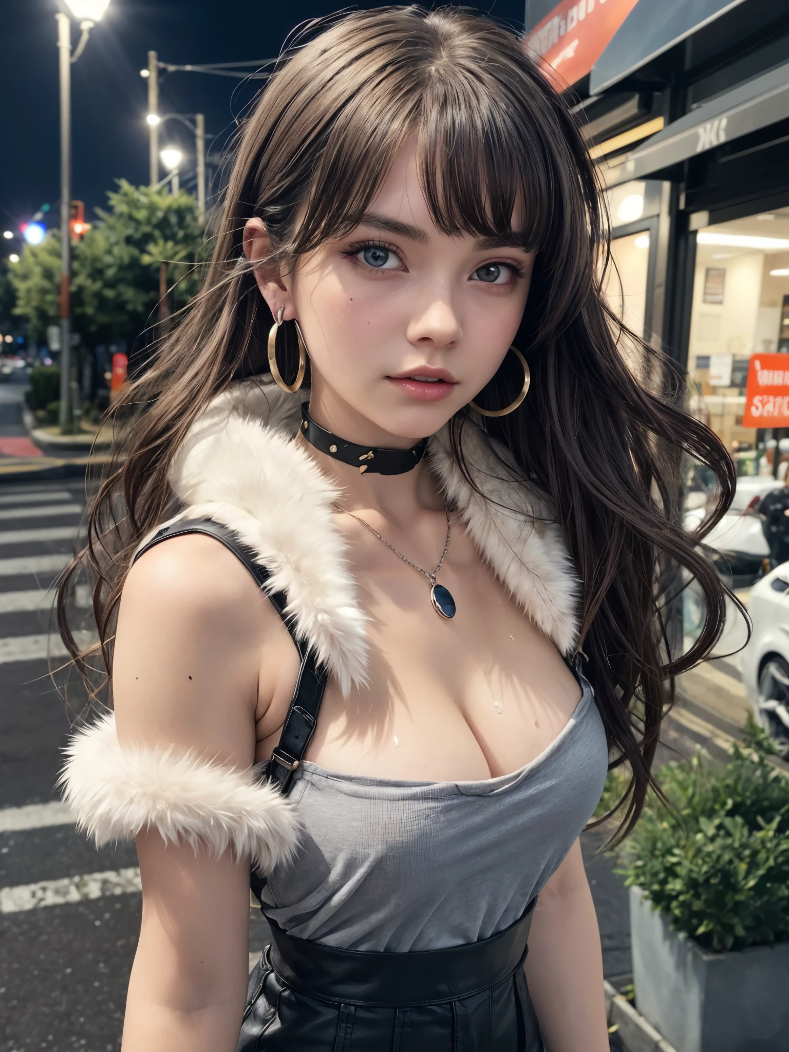 1girl, walking, outdoor, night, waffle house restaurant, wet street, BREAK, masterpiece, highest quality, highest details, high resolution, depth of field, pov, first person perspective, girl with thick eyebrows, expressiveless, long purple hair, hoop earring, bangle, ear studs, choker, delicate necklace, leather skirt, fur shawl, looking at viewer, detailed face, cinematic lighting, volumetric light, (****, cute:1.2), (breasts:1.2),