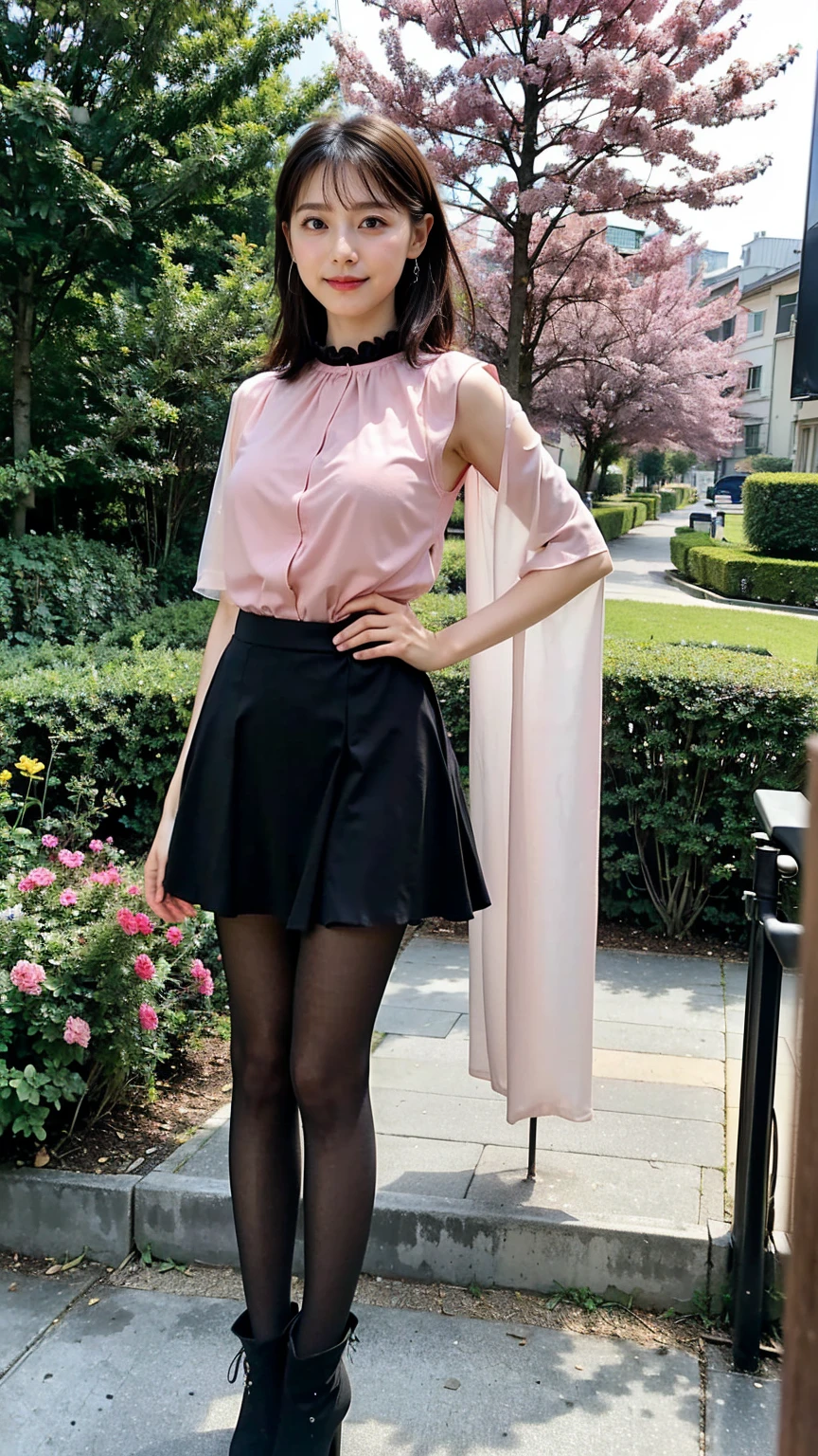 (8K、RAW Photos、Highest quality、masterpiece:1.2)、(Realistic、Realistic)、1 Girl、((Pink dress、Frills、See-through、tights、Black mini skirt、boots、Big Breasts、whole body、garden、View from the front、Looking into the camera、Stand with one hand on your hip))、