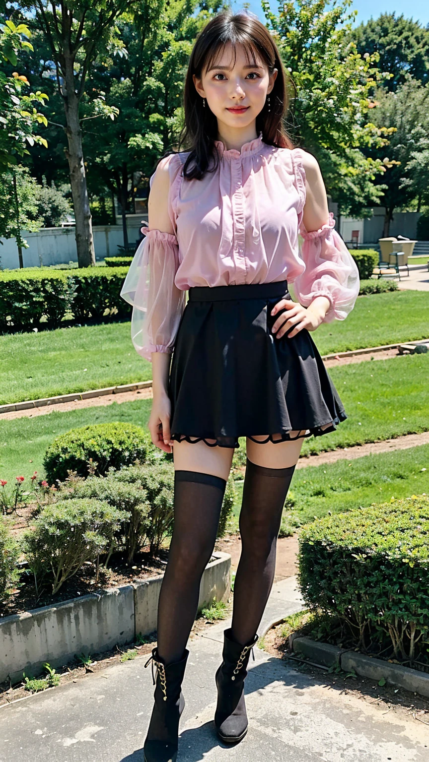 (8K、RAW Photos、Highest quality、masterpiece:1.2)、(Realistic、Realistic)、1 Girl、((Pink dress、Frills、See-through、tights、Black mini skirt、boots、Big Breasts、whole body、garden、View from the front、Looking into the camera、Stand with one hand on your hip))、