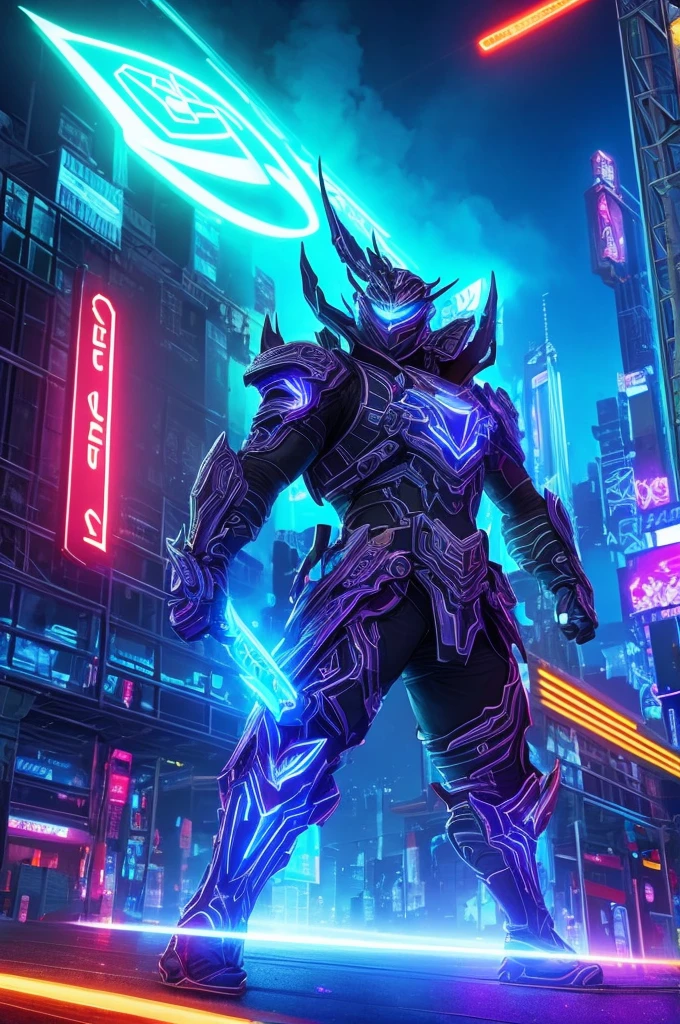 A mythical urso ninja stands poised in a neon-lit, dystopian metropolis, rendered in stunning 4K resolution, blending ancient legend with futuristic cyberpunk flair. The ninja's ornate, high-tech armor glows with a mesmerizing iridescent sheen, as intricate circuitry and glowing accents dance across the metallic surface. The dragon's scales shimmer in hues of indigo, violet, and electric blue, while neon accents pulse in fiery oranges and greens, casting an otherworldly glow across the surrounding urban landscape, exuding a sense of cutting-edge, cinematic grandeur.
