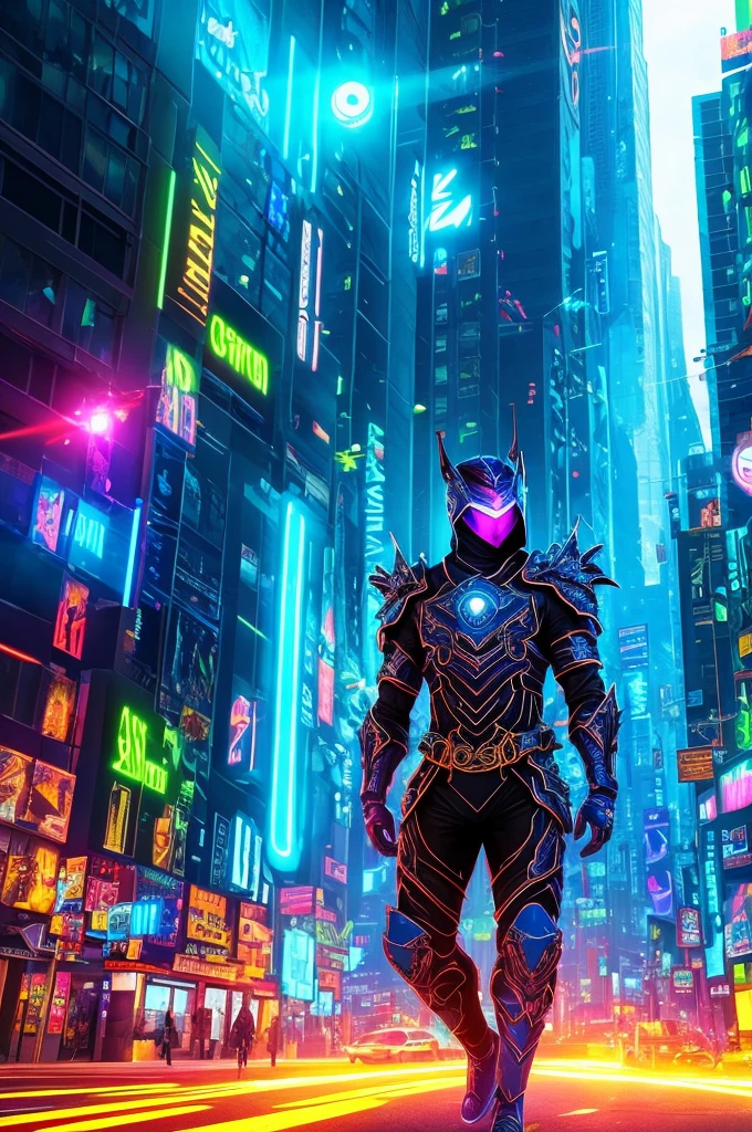 A mythical urso ninja stands poised in a neon-lit, dystopian metropolis, rendered in stunning 4K resolution, blending ancient legend with futuristic cyberpunk flair. The ninja's ornate, high-tech armor glows with a mesmerizing iridescent sheen, as intricate circuitry and glowing accents dance across the metallic surface. The dragon's scales shimmer in hues of indigo, violet, and electric blue, while neon accents pulse in fiery oranges and greens, casting an otherworldly glow across the surrounding urban landscape, exuding a sense of cutting-edge, cinematic grandeur.