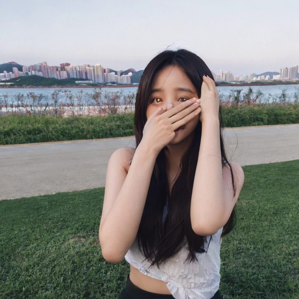 woman covering face with hands, Ulsan, Korean girl, Asian girl with long hair, beautiful girl, tumblr, beautiful South Korean woman, Nam Jiwon, Shin Jiin, Jisoo from Blackpink, Krystal, charismatic girl, Korean woman, Jisoo from Blackpink, Asian girl, Chinese girl, beautiful young Korean woman, realistic Taiwanese landscape background
