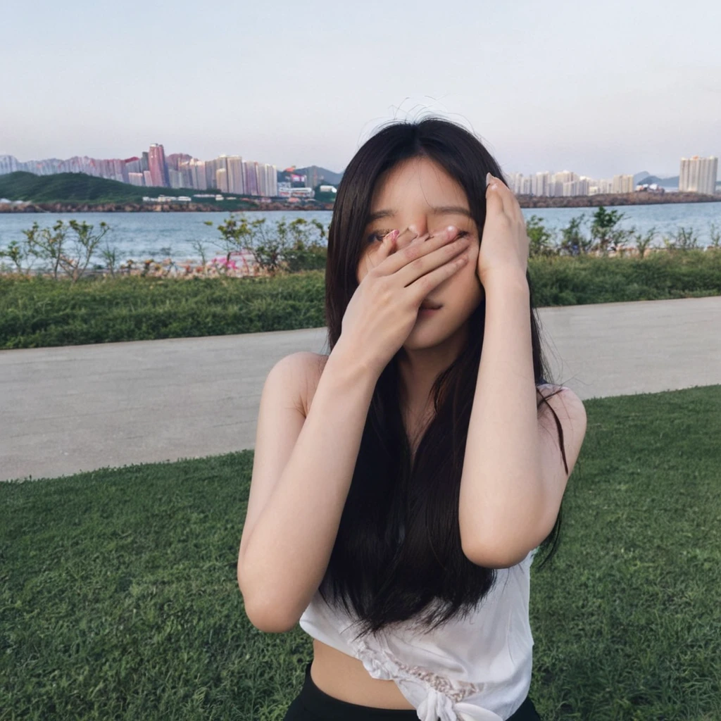 woman covering face with hands, Ulsan, Korean girl, Asian girl with long hair, beautiful girl, tumblr, beautiful South Korean woman, Nam Jiwon, Shin Jiin, Jisoo from Blackpink, Krystal, charismatic girl, Korean woman, Jisoo from Blackpink, Asian girl, Chinese girl, beautiful young Korean woman, realistic Taiwanese landscape background