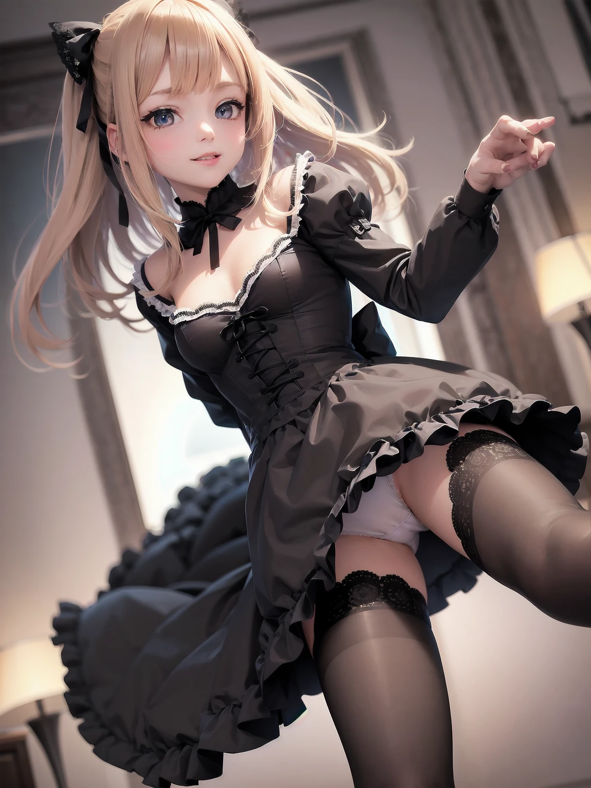 Masterpiece, Details, Solo, 1 Girl, Middle School Girl, Slender, , Fluffy Girlishly Cute and Stylish Attire, Fururu, Lace, Gothic ta Dress, Hair Ribbon, Smile, Black Tights, Cute Underwear, Stylish Hair, Big Eyes, Full Lips, White Catsuit, Princess Shoes, Beauty Legs, hair ribbon, hair band, pleated skirt, stirring motion, staring at you on date, sharp focus, perfect face, detailed face and eyes, dynamic, lively, shadows, colorful, mysterious, movie lighting, cute pose for model shoot