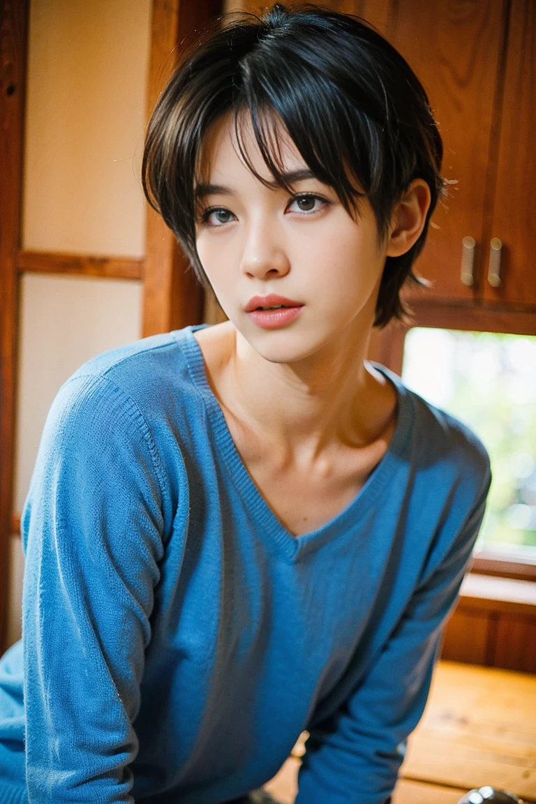 japanese anime image inspired by shinkai makoto, girl igray V-neck-sweater, long hair, blue eyes, cheerful