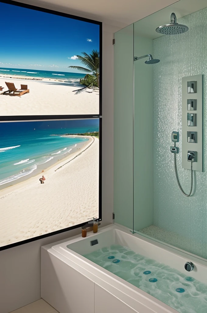 Person showering in a shower whose walls are digital screens where you can see the beach landscape, like a simulator that makes you feel in the middle of the beach while you bathe,