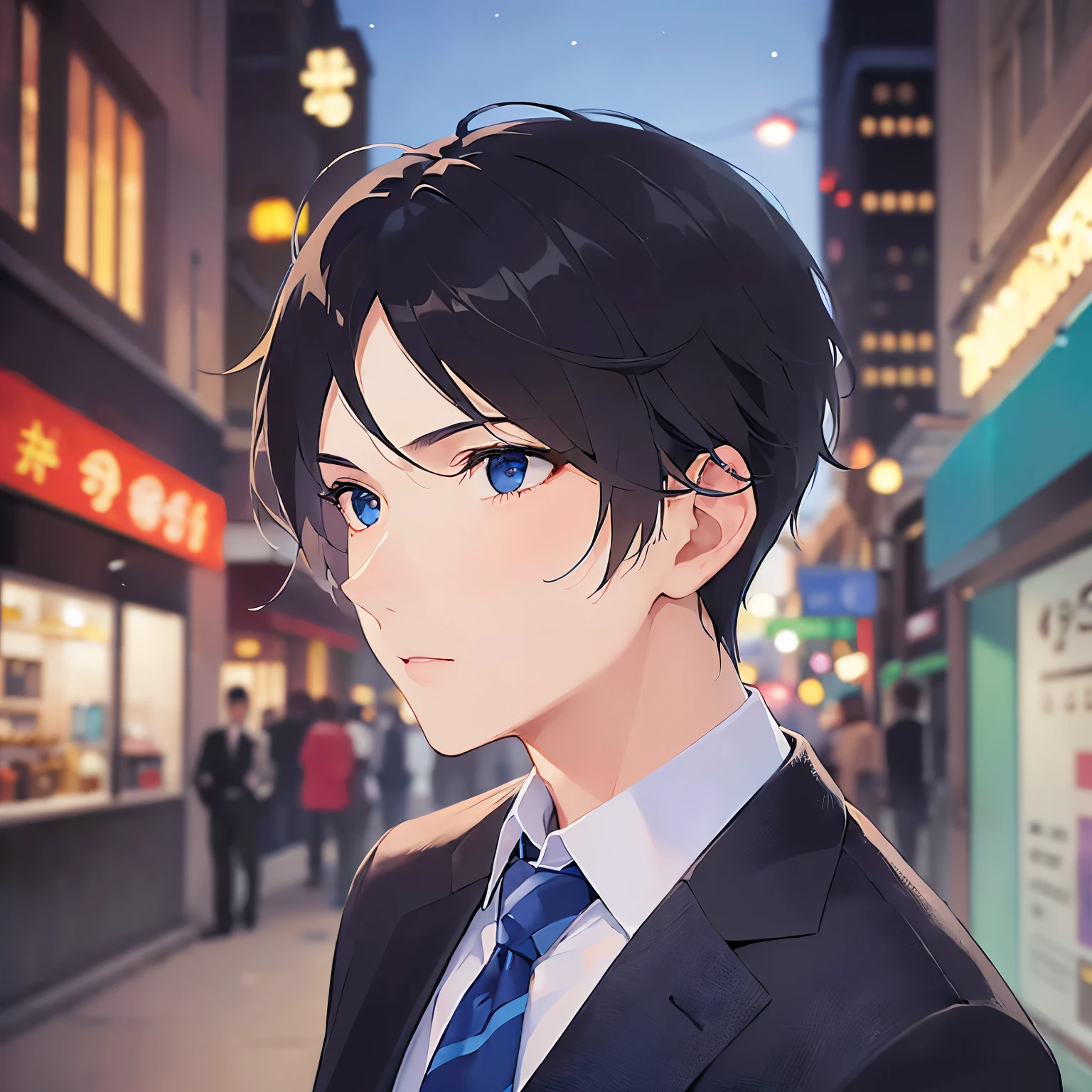 (looking away:1.5), close up of your face、shiny skin, masterpiece、Highest quality、(25-year-old male:1.5) and (Black short hair) and (blue eyes), (Wearing a suit:1.5) and (Blue tie)、Are standing、(confused:1.5)、The background is a shopping street at night、alone