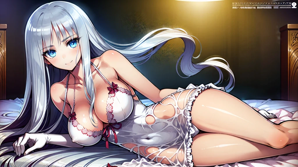 (((1 girl))), ((detailed blue eyes)), ((long silver hair)), large breasts, curvy hips, perfectly drawn body, seductive smile, nightgown, laying on a bed, best quality, masterpiece, ultra-detailed