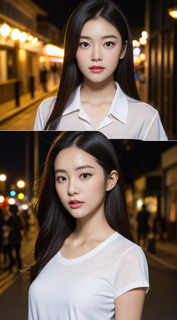 (best qualtiy,8K,32k,tmasterpiece,uhd:1.3),Attractive Japanese women,Seven-doppelganger photo,one-girl,(middlebreast:1.1),abs,perfect bodies,(see-through shirts:1.1),Super detailed face,detailed lips,Fine Eye,double eyelid,Street view at night,Sunlight light,