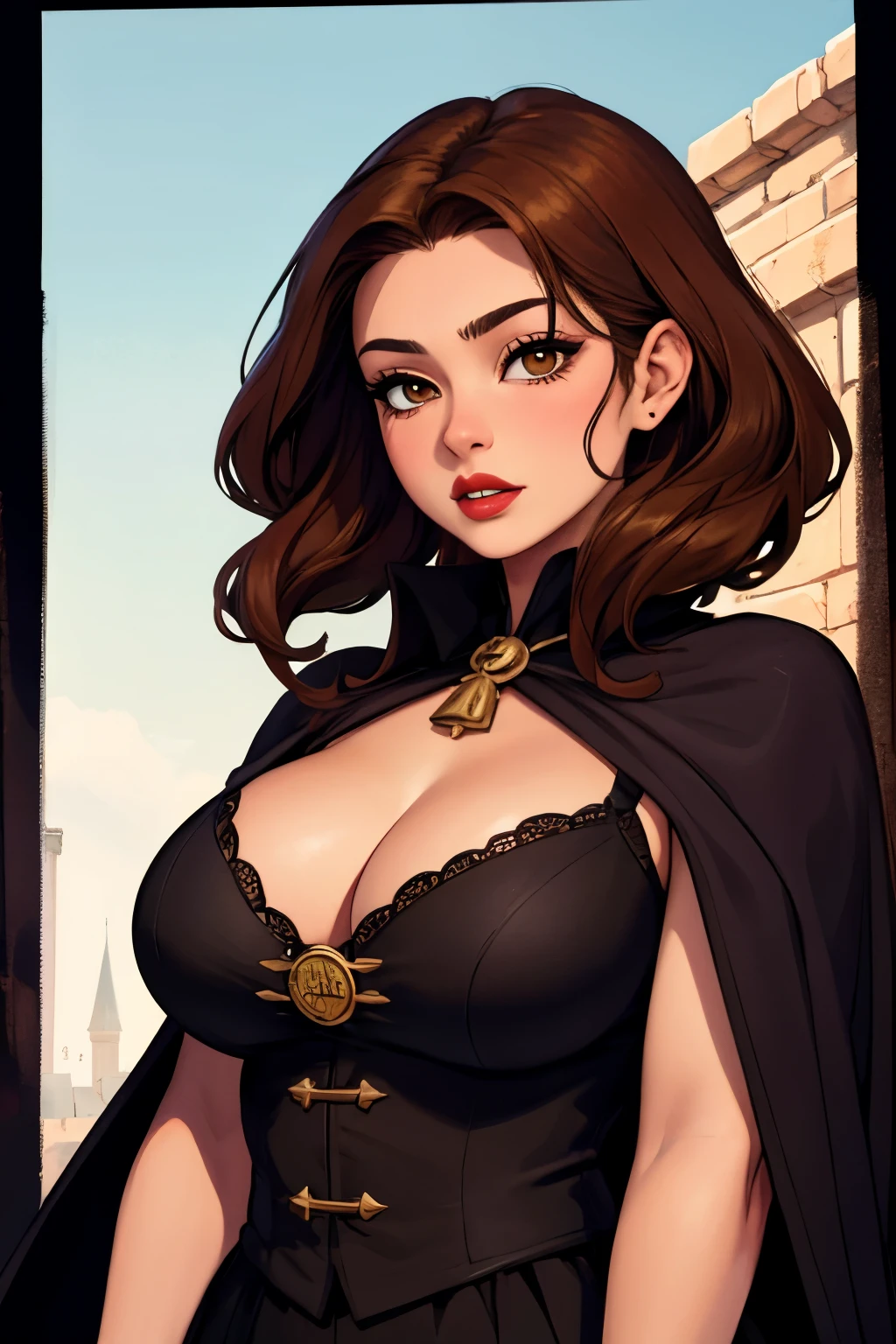 young girl, ager ((16 years)), witch, bruja, hufflepuff, yellow clotes, hogwarts al fondo, hogwarts, noche, night, Renacimiento,renaissance, muy detallado, Realistic long-term photography., 4k, pelo largo, brown hair, By the chestnut, labios rojos,red lips, brown eyes, big breasts, pechos grandes,