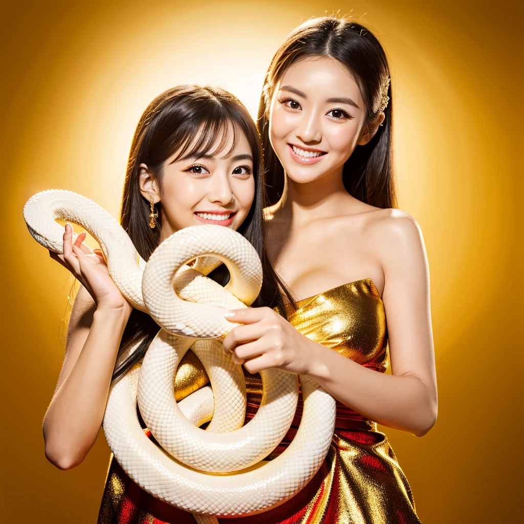  Looking straight ahead and smiling, Holding a large white snake in both hands, Gold Background, Ultra HD、128ｋ、Masterpiece、One Girl、Japanese Model,  clavicle, RAW Photo、Big-eyed girl in a red dress、Long face, Professional Lighting、Perfect number of hands and fingers