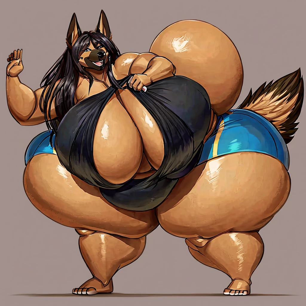 German Shepherd, female, long hair, huge breasts, huge hips, huge thighs, plump, voluptuous, obese, tank top,sports horts, simple background, barefoot,fat arms, fat legs, belly rolls,messy hair , wide body, corpulent , massive breasts, massive breasts, massive thighs, massive thighs, smooth, glistening body,huge breasts, huge breasts, huge breasts , huge ass, saggy breasts