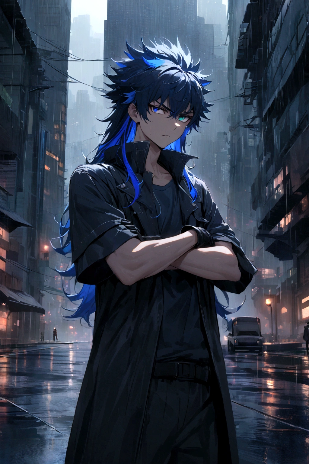 Teenage boy, spiky hair long hair, multicolored black and blue hair, black and blue eyes heterochromia, serious face, dark blue shirt, baggy black short-sleeved overcoat, medium length black gloves, crossed arms, scenery in a rainy city with skyscrapers