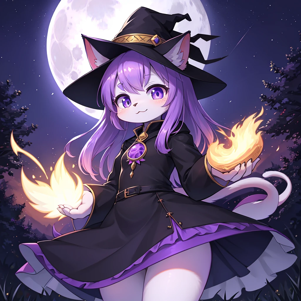 Very cute Furry cat gwoman with mage hat purple hair warlock dress up moon and stars very cute very beautiful very cute eyes high quality