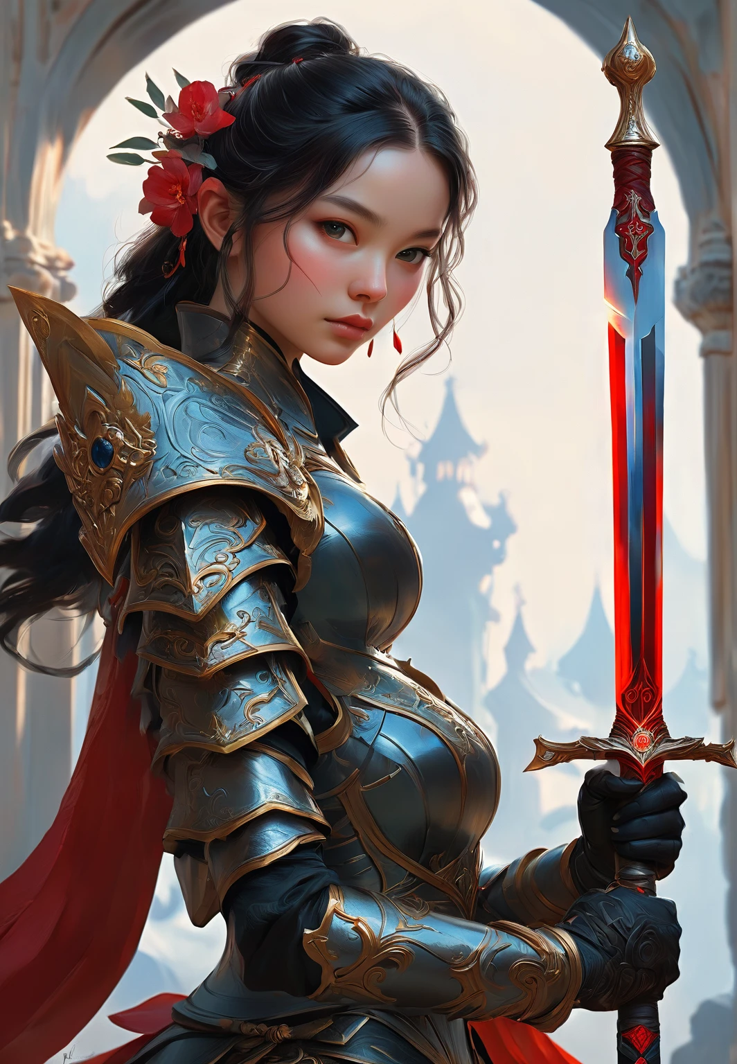 a woman in a black outfit holding a red sword, by Yang J, wojtek fus, epic fantasy digital art style, artgerm julie bell beeple, wlop and artgerm, extremely detailed artgerm, wlop and ross tran, fantasy art behance, wlop | artgerm, concept art | artgerm