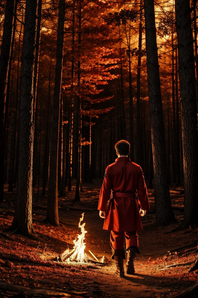 A boy with his back turned in a red tunic, surrounded by flames in a forest at night, anime