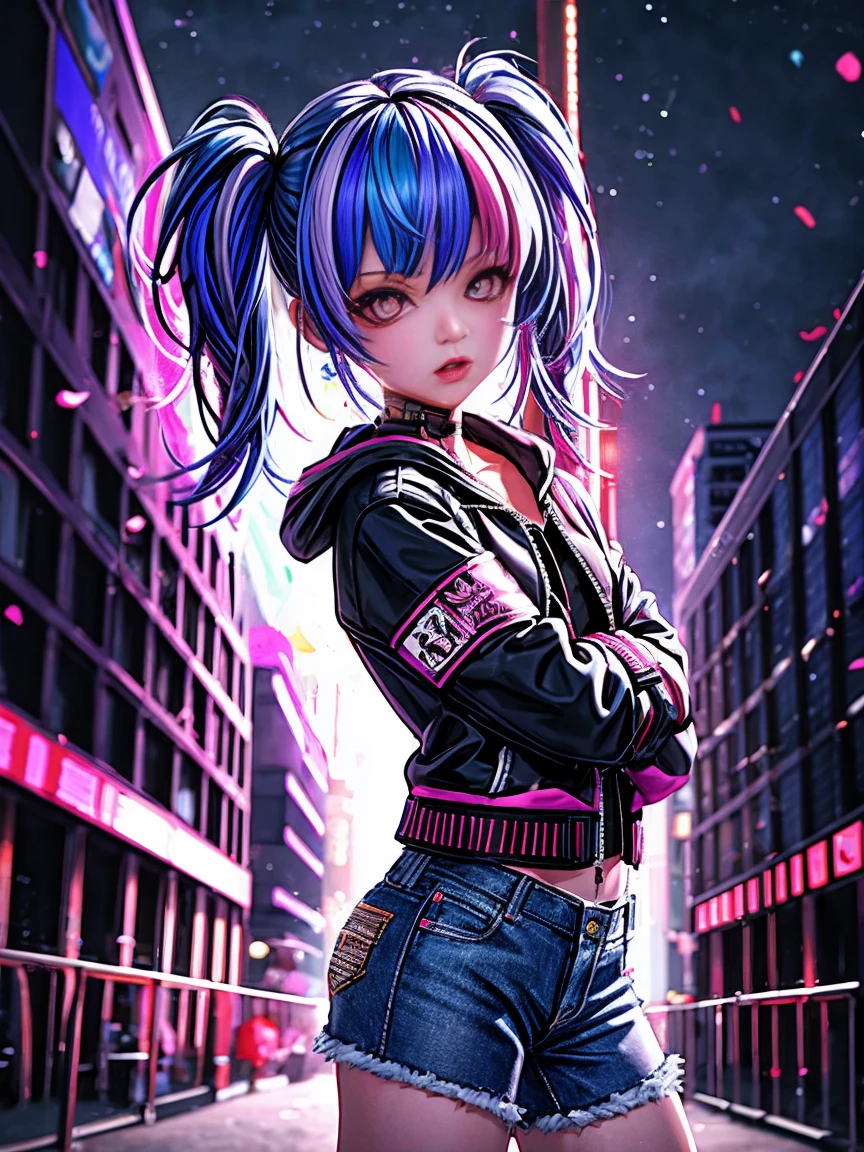 (represent :1.2),  background, cyber punk background, cyber punk, get out of a sports car, neon照明効果, neon lighting effect, line neon,1 Girl, night, Blurred Background, Brown eyes, cowboy, Denim jacket, Depth of written boundary, Put your hands in your pockets, Upper Body, Oblique body, On the buttocks, Have, hoodie, coat, jeans, lips, Looking at the audience, neon, Open clothes, Open jacket, slightly lifted lips , rainbow, shirt, alone, Are standing，(Exquisite and perfect attitude:1.3)，(dream)，( masterpiece, Accurate, Anatomically correct, Textured skin, High detail, high quality, Award-winning, 4K)