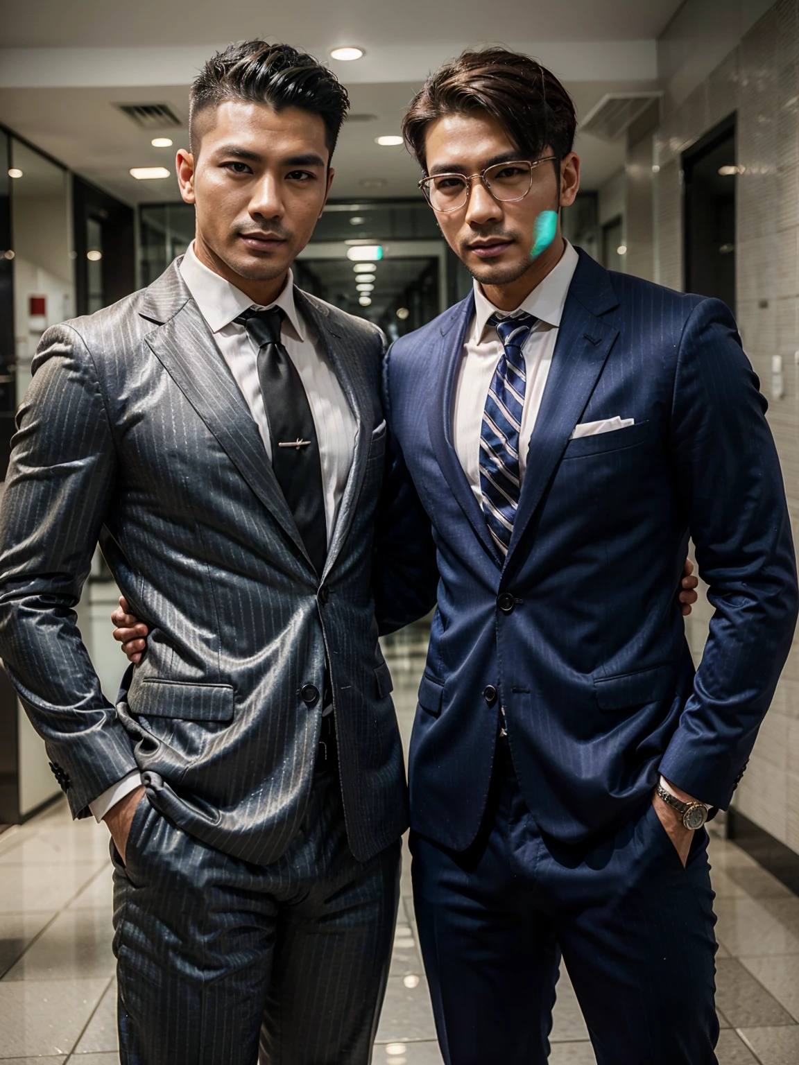 (Two men), (Non Women and female), (40ys asian handsome high fade hair hot gay men), in shiny pinstripes stripes sharp suit with silk tie, 8K, Ultra HD