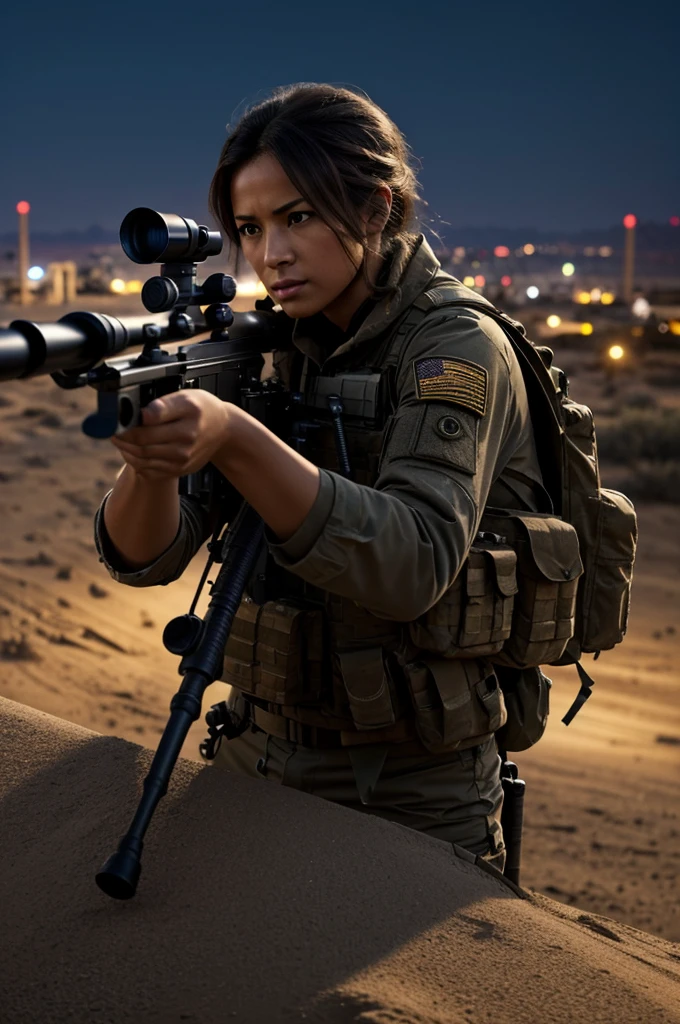 Main Image: An artistic illustration or photograph showing a female sniper in a shooting position. Could be a side or front view, highlighting his equipment and the telescopic sight pointing towards an undefined point in the distance.

Background and Environment: A dark or blurred background that suggests a nighttime urban environment or a desert landscape, common places where snipers operate.

Additional details: Details such as the brightness of the scope&#39;s viewfinder, a subtle flare from the rifle lens, or even symbolic elements such as a cross-shaped shadow indicating a target could add depth and suspense to the image