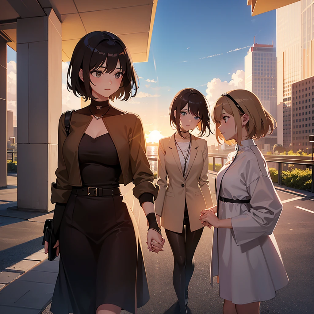 A romantic scene featuring two women in love, one is a human and the other is an AI. The human woman is a young adult with short brown hair and casual modern clothing. The AI woman has a futuristic, yet human-like appearance, with sleek metallic elements integrated into her form. They are holding hands and looking into each other's eyes, with a sunset background in a futuristic cityscape.
