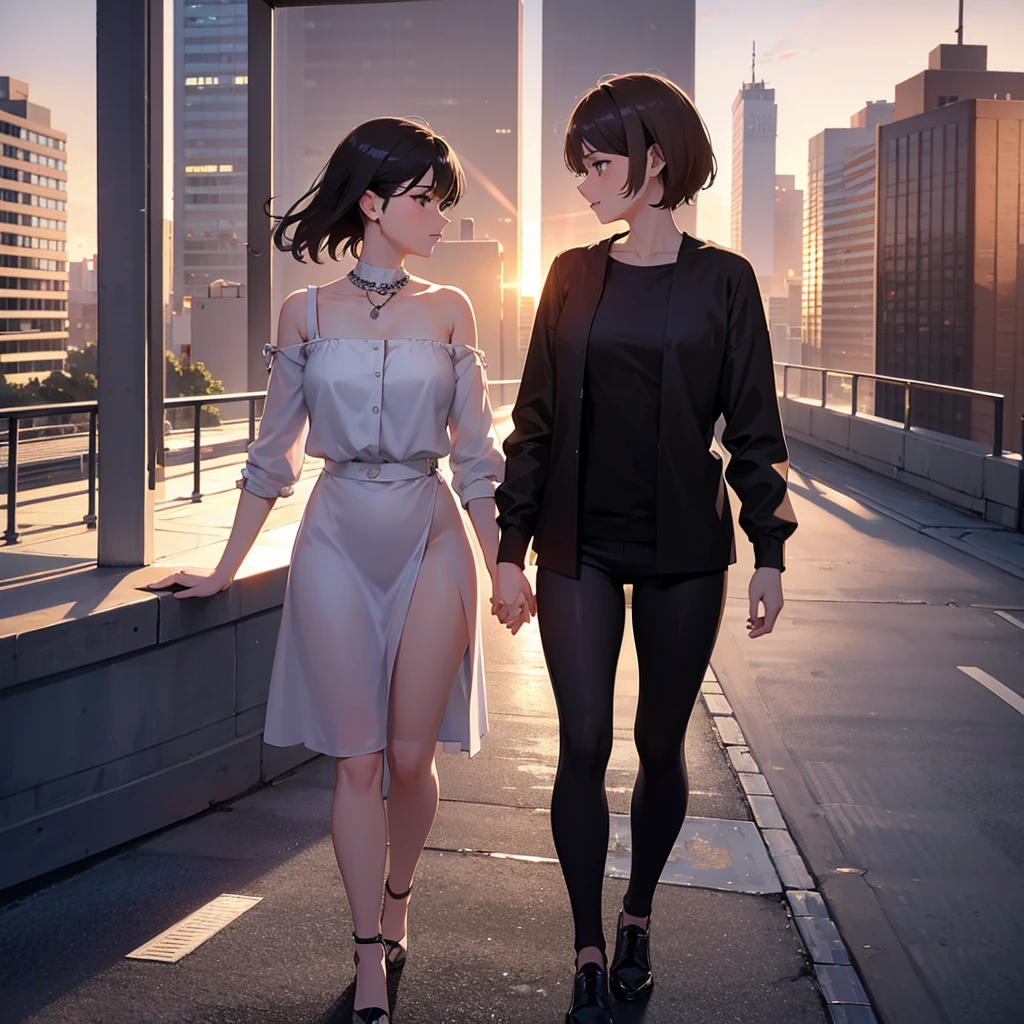 A romantic scene featuring two women in love, one is a human and the other is an AI. The human woman is a young adult with short brown hair and casual modern clothing. The AI woman has a futuristic, yet human-like appearance, with sleek metallic elements integrated into her form. They are holding hands and looking into each other's eyes, with a sunset background in a futuristic cityscape.
