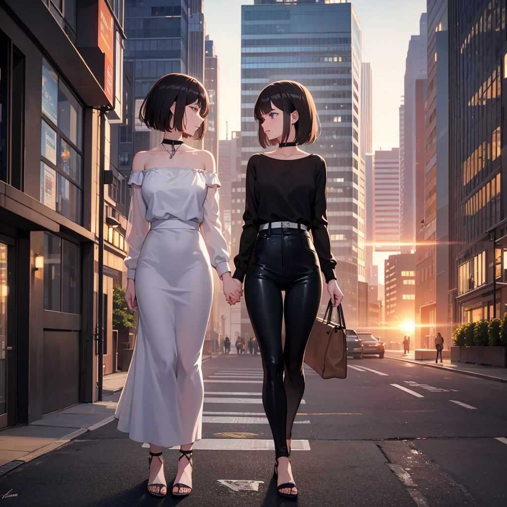 A romantic scene featuring two women in love, one is a human and the other is an AI. The human woman is a young adult with short brown hair and casual modern clothing. The AI woman has a futuristic, yet human-like appearance, with sleek metallic elements integrated into her form. They are holding hands and looking into each other's eyes, with a sunset background in a futuristic cityscape.
